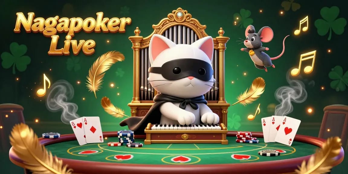 Nagapoker Live poker scene with card strategies unfolding amid 3D animated characters and rich casino elements
