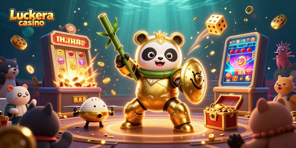 Luckera casino's vibrant 3D illustration showcasing dynamic gaming elements and characters in action.