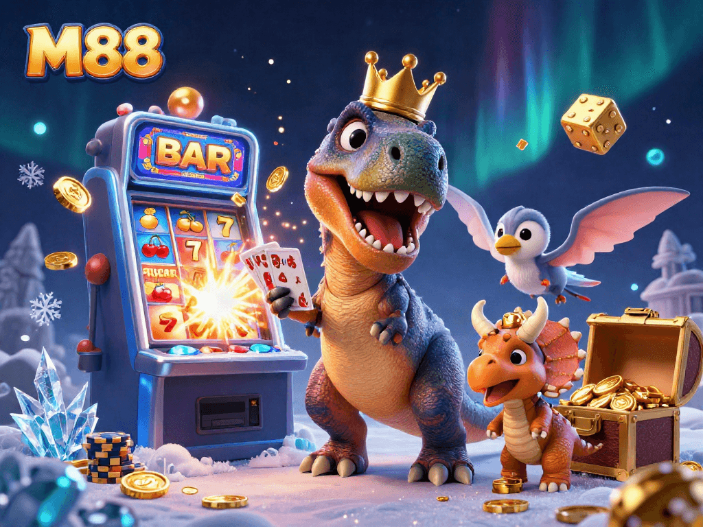 M88 illustrates a fun dinosaur casino scene with vibrant elements that enhance gaming excitement.