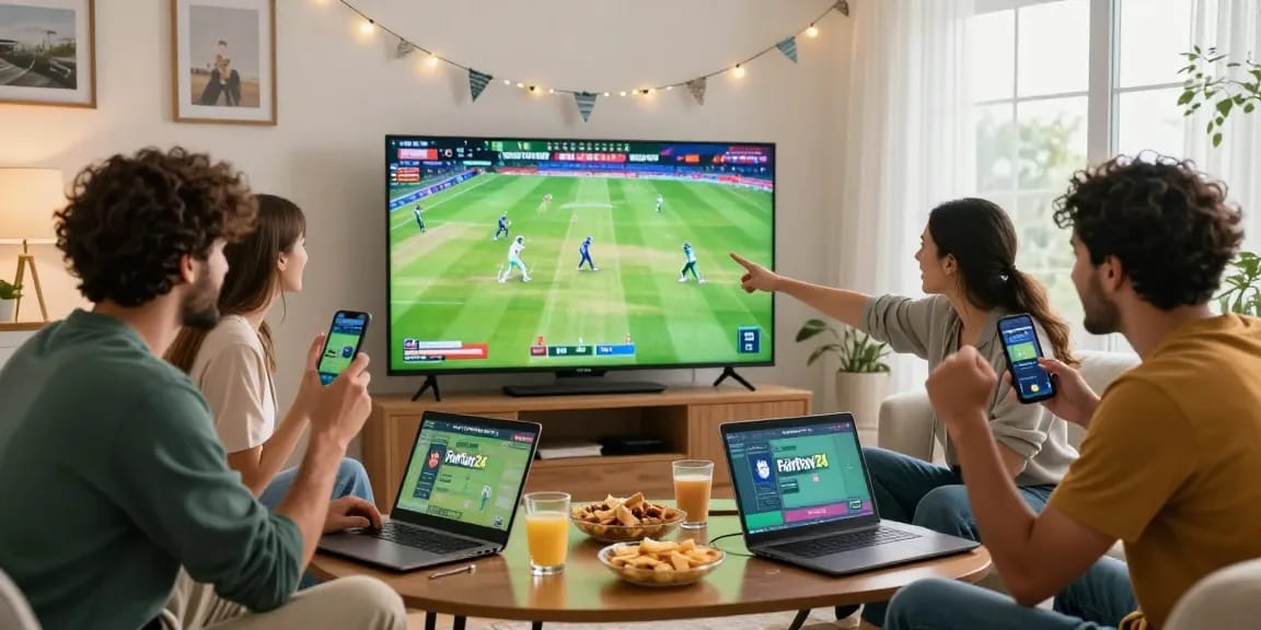 Friends enjoying a cricket match while betting on Fairplay24 in a lively living room