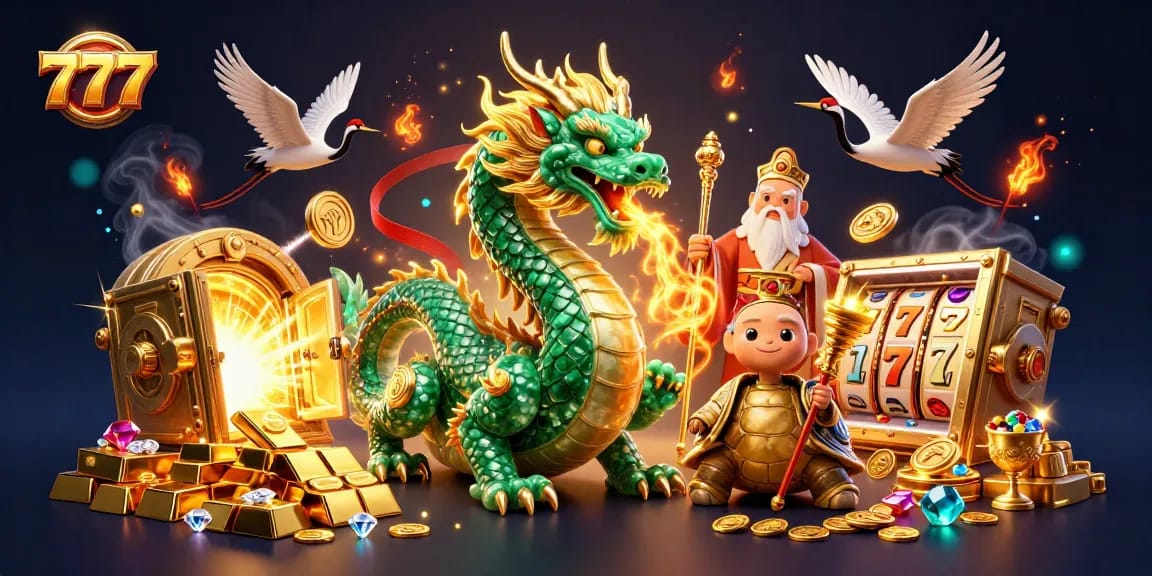 Experience the thrilling 777 jackpot as the emerald dragon unleashes golden treasures in this captivating casino scene.