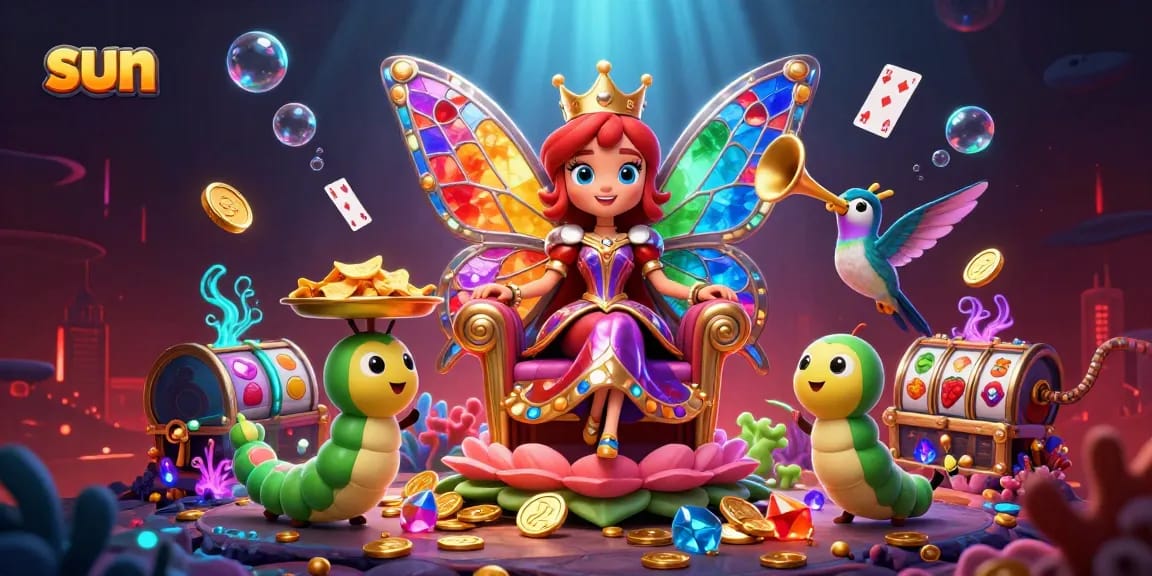 Experience thrilling games with the sun-themed vibrant casino art featuring a butterfly queen and sparkling treasures.