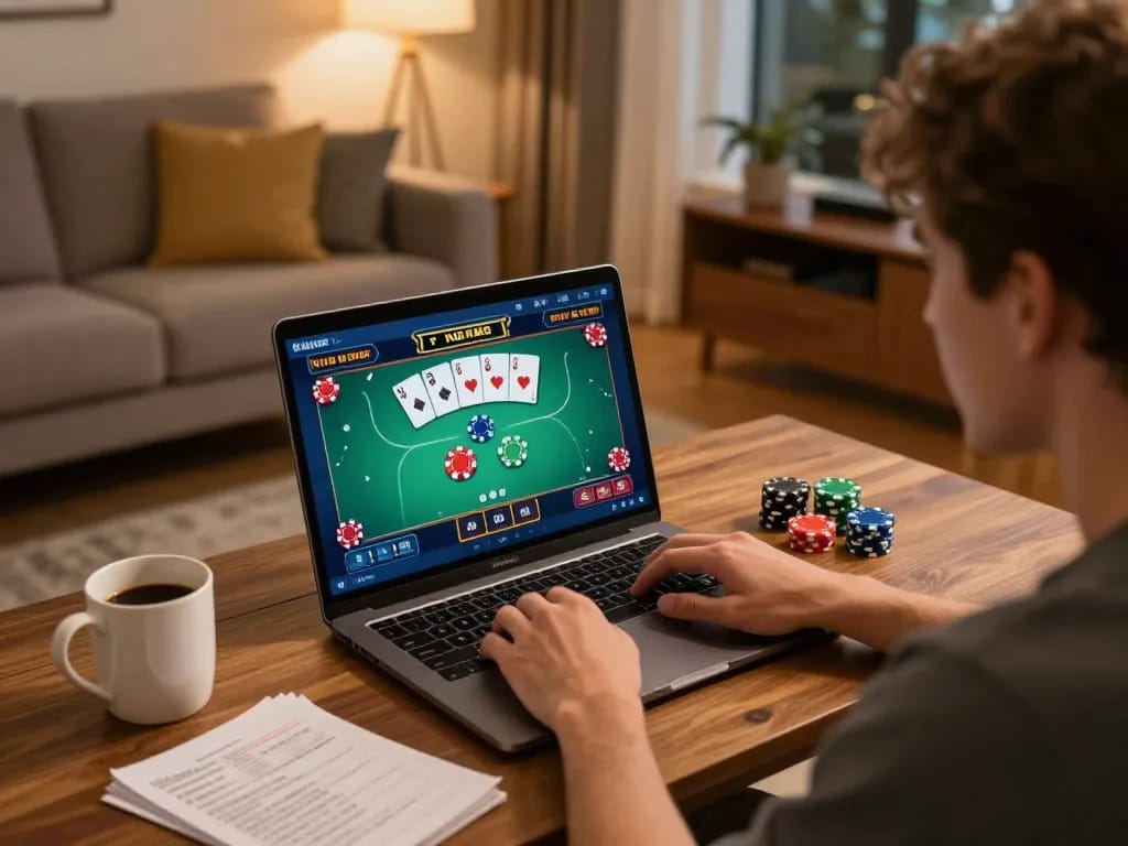 GO8 player enjoying a poker game on laptop, showcasing responsible gaming in a cozy home setting.