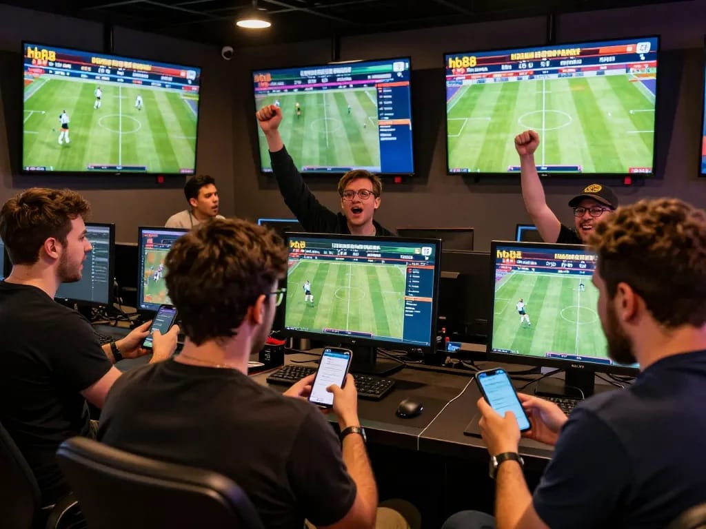 Enthusiastic bettors engaging in real-time betting on hb88 during a live sports event.
