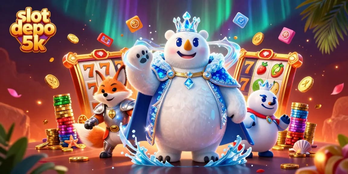 Engage with slot depo 5k in a vibrant casino scene depicting a polar bear and snow fox amidst dynamic slot elements.