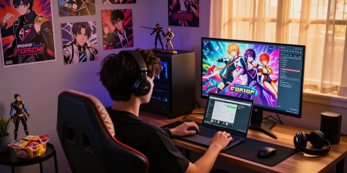 Engaging scene of gamer immersed in a gay ecchi game with vibrant atmosphere.