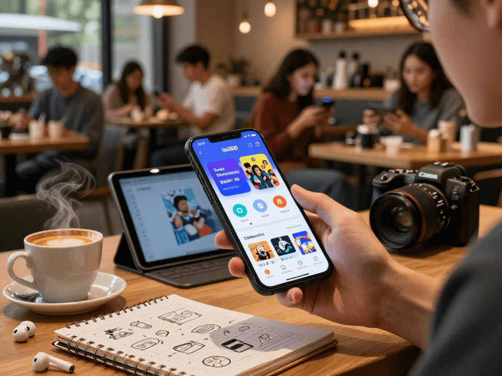 bd188 na platform sa isang smartphone na may mga laro at app sa cozy café na may kape.