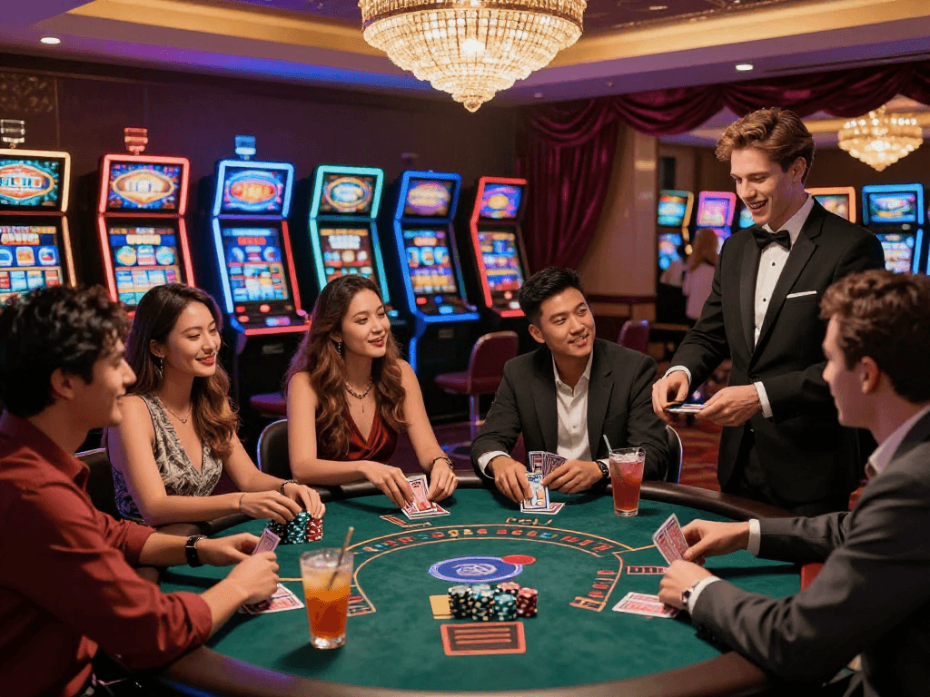 Engaging friends at a blackjack table enjoying rokok88 in a lively casino atmosphere