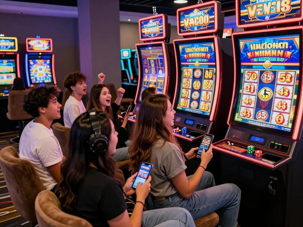 Cheering friends celebrating a win on a slot machine with link gacor showcased in a lively casino atmosphere.