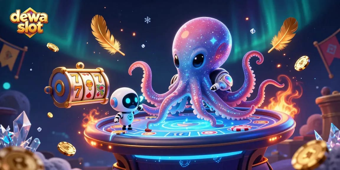 Win big on dewa slot with an alien octopus at a futuristic poker table in a vibrant cosmic scene.