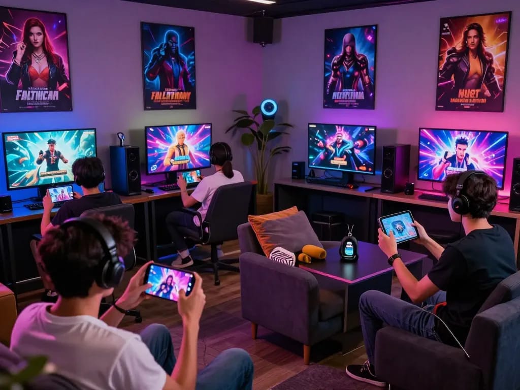 Players enjoying various sex games on mobile and tablet devices in a vibrant gaming lounge.