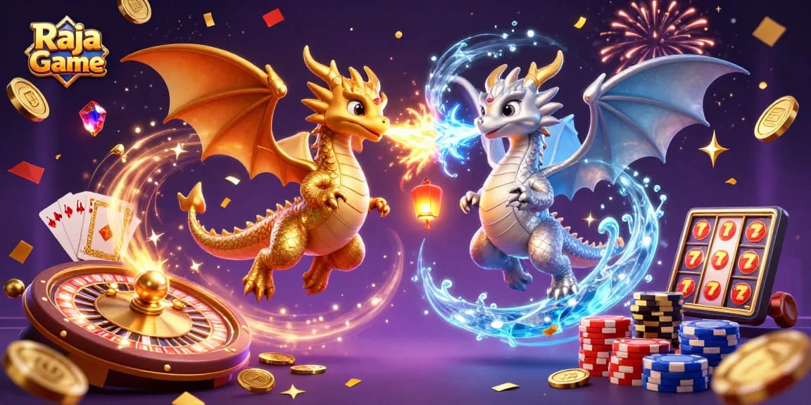 Win big with Raja Game: a vibrant 3D scene of dragons and casino elements creating excitement.
