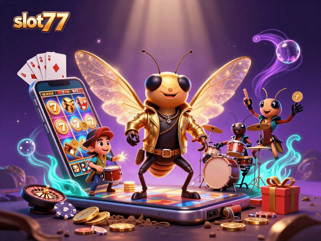 Experience thrill with slot777 as cicada rock star plays among colorful slot game elements.
