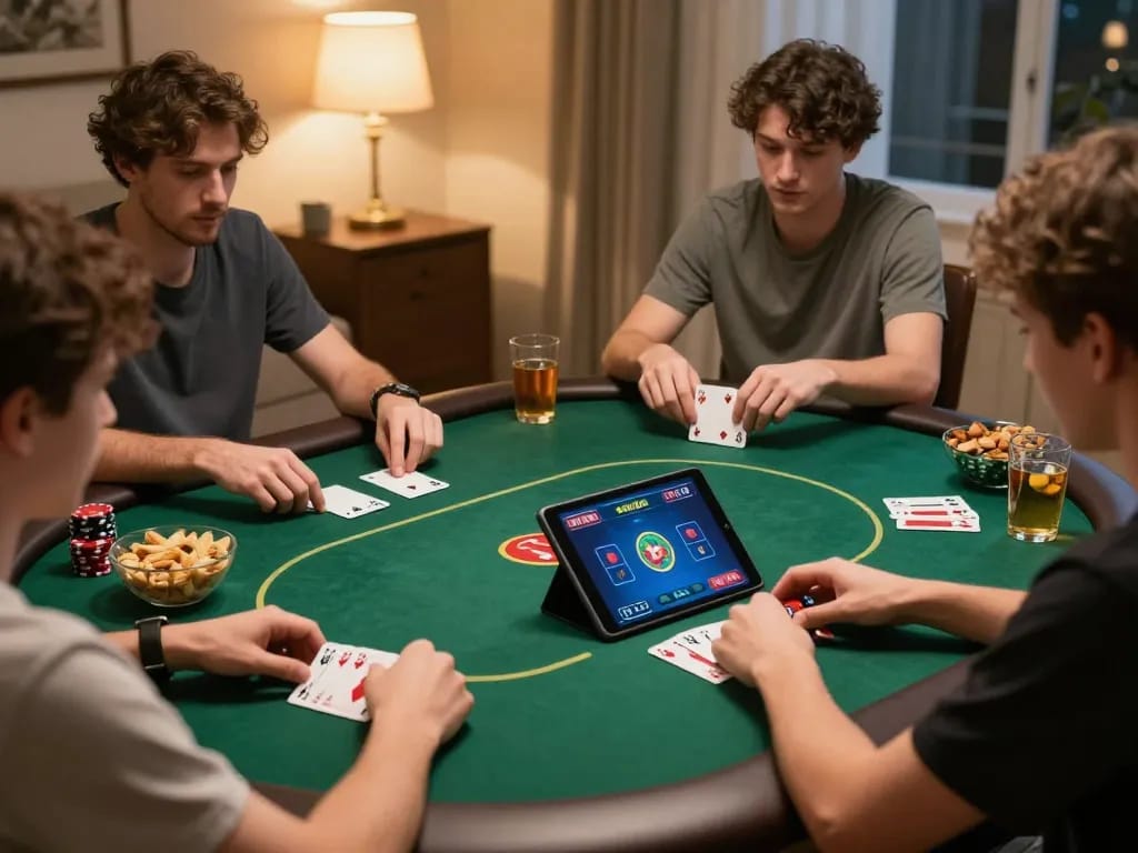 KONG88 players engaging in an exciting online poker game at home with a cozy setup.