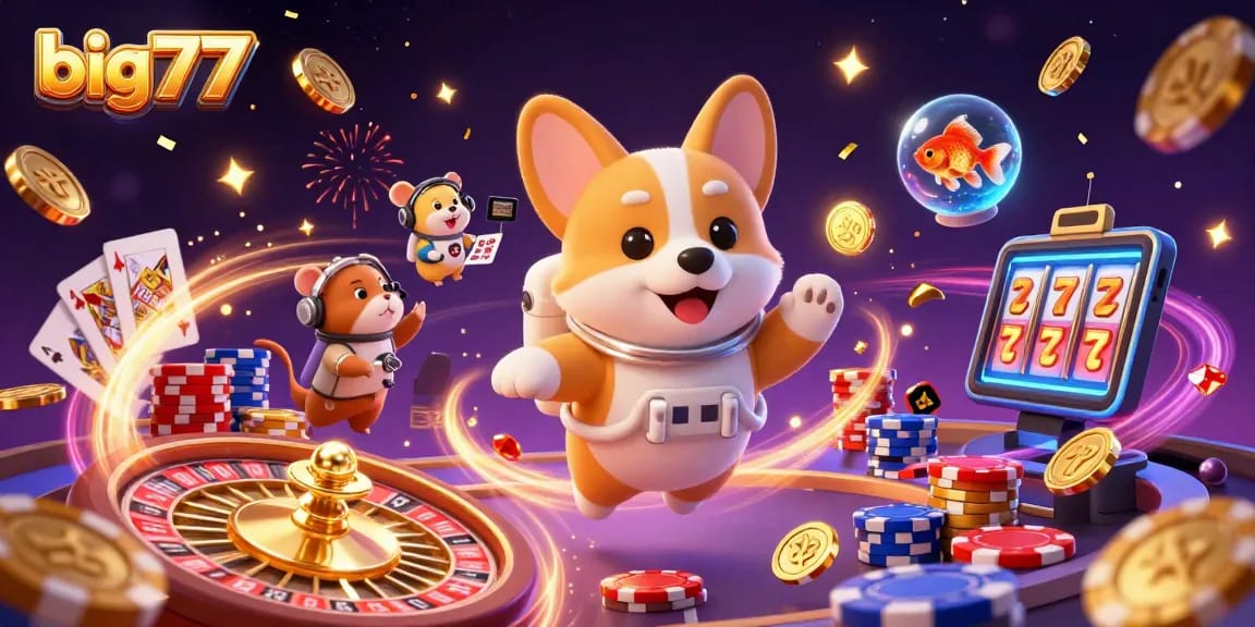 Experience the charm of big777 with a magical casino scene featuring floating coins and 3D characters.