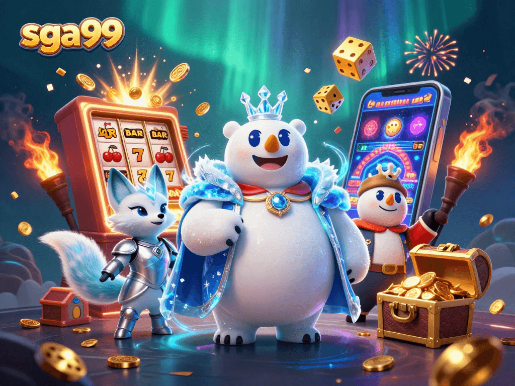 Experience thrilling wins at sga99, featuring a vibrant casino scene with jackpots and festive elements.