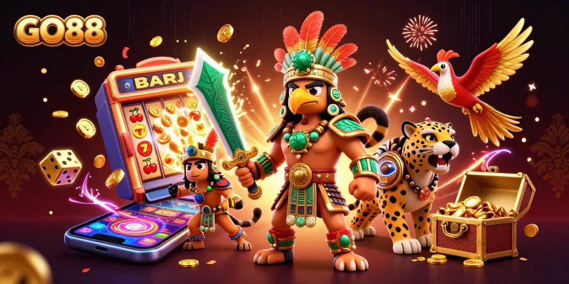 Engage with GO88's vibrant 3D casino scene showcasing slot machines and winning elements.