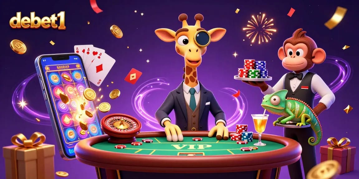 Experience debet1's vibrant casino atmosphere with a high-roller giraffe and chameleon bartender.