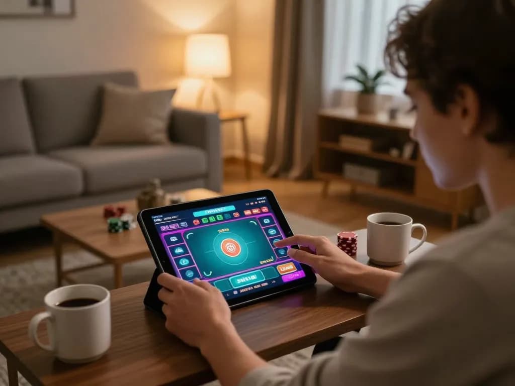 Engaged player using a tablet for online gambling at https://x88.design/, demonstrating strategic gameplay in a cozy home setting.