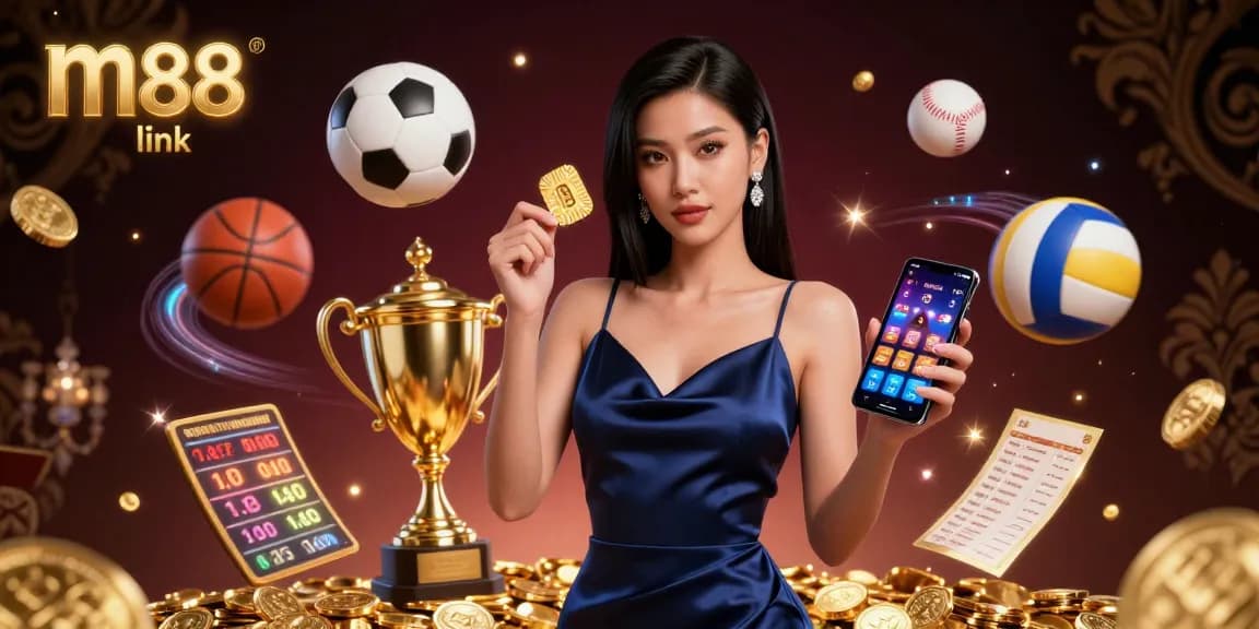 Terlibat dengan m88 link di adegan kasino dinamis yang menampilkan seorang wanita bergaya yang memegang chip dan smartphone, dikelilingi oleh elemen olahraga.