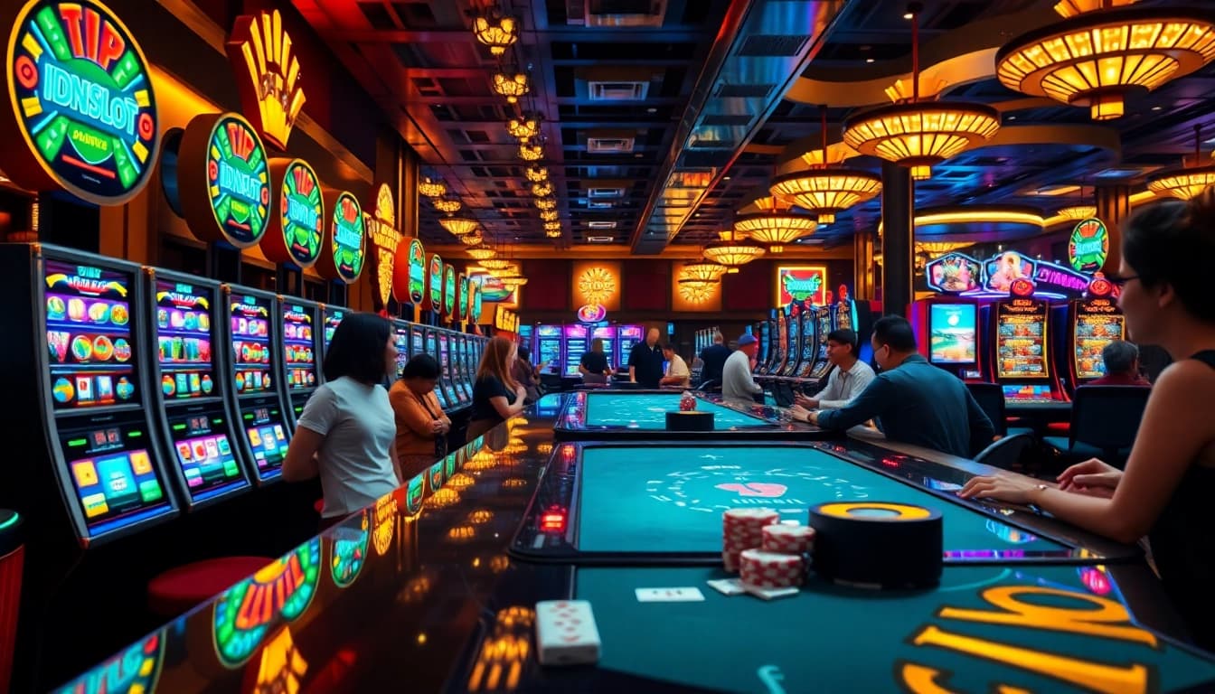 Players enjoy a thrilling experience at IDNslot's vibrant casino, featuring colorful slot machines and energetic gaming atmosphere.