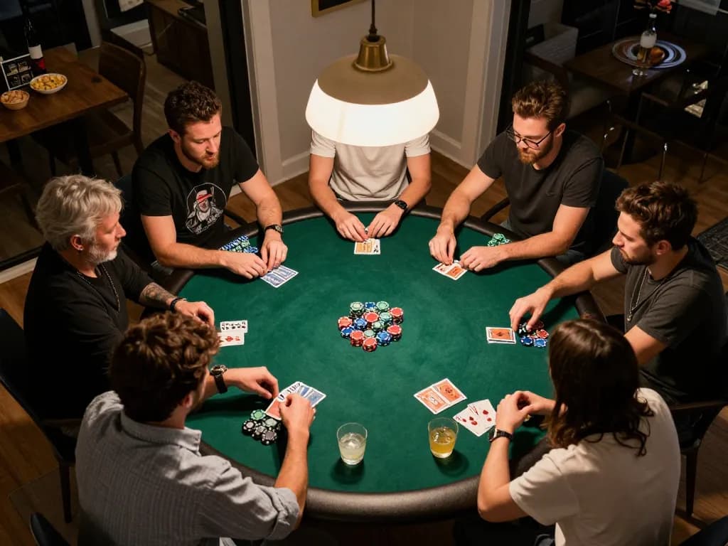 Friends enjoying strategic poker gameplay at home, showcasing sunwin's excitement and camaraderie.