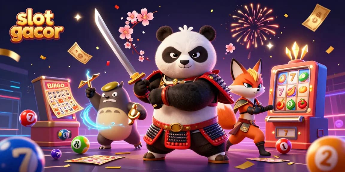 Engage with slot gacor excitement through a vibrant illustration featuring lively characters and casino elements.