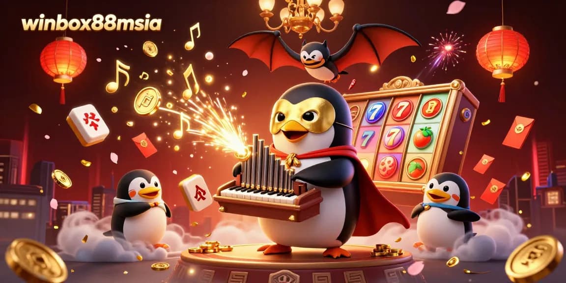 Engage with thrilling slots at winbox88msia in a vibrant 3D casino scene, featuring dynamic characters and golden elements.