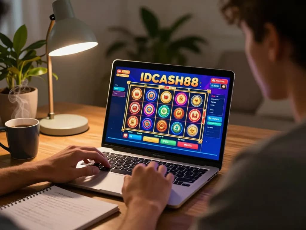 IDCASH88 player aiming for a jackpot at home, showcasing engaging online slot game experience.