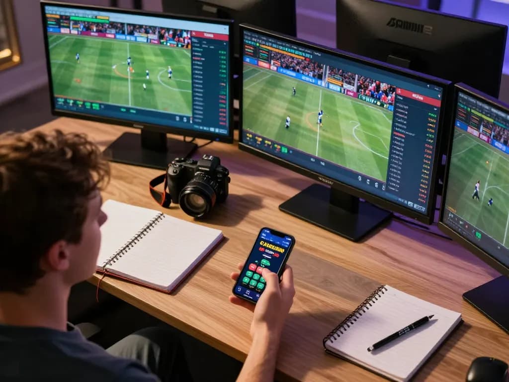 C168 user intensely betting on live sports, showcasing active betting via smartphone and multiple screens.