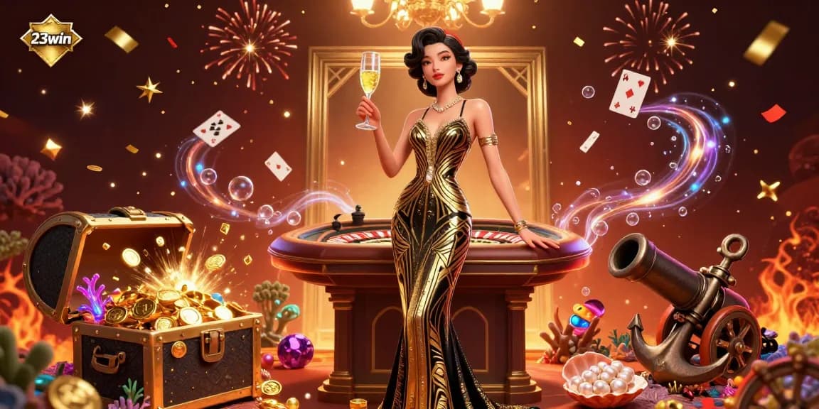 Experience the excitement of 23win with a glamorous Asian woman at a vibrant casino scene, golden champagne in hand.