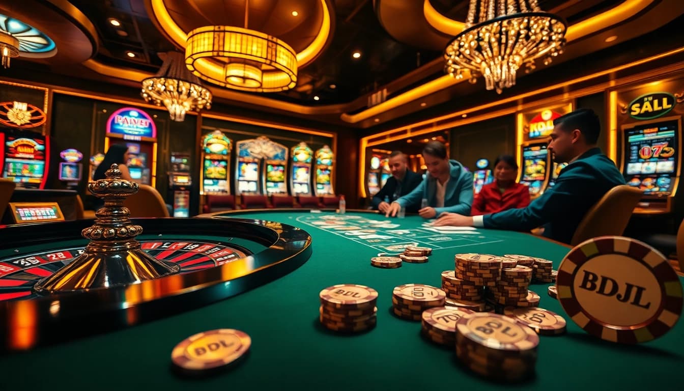 Engage with high-stakes poker and roulette actions at a BDJL-themed casino environment.