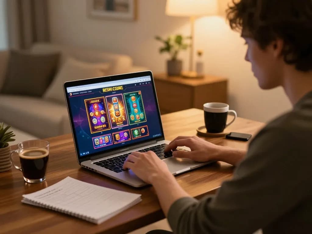 Player enjoying IDNSCORE RESMI online slots at home, showcasing strategic betting and cozy atmosphere