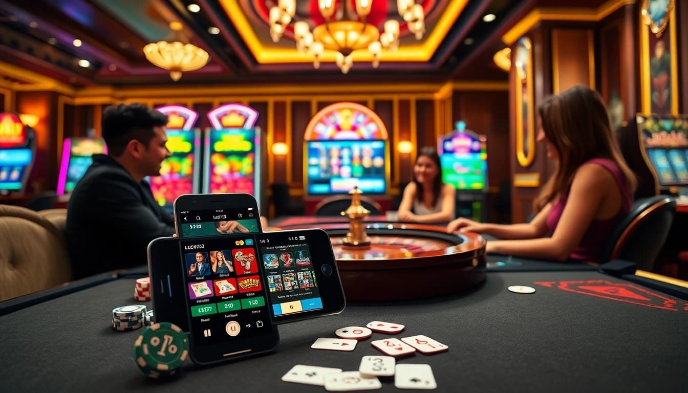 Access the exciting world of online gaming with https://leci123.pro/download-aplikasi-android-ios/ app displayed at a vibrant casino.