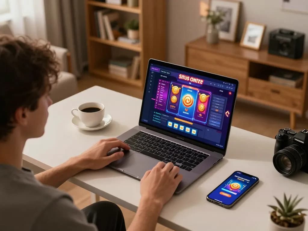 Berkecimpung dalam permainan situs slot online yang imersif di rumah, menampilkan antarmuka tablet yang cerah.