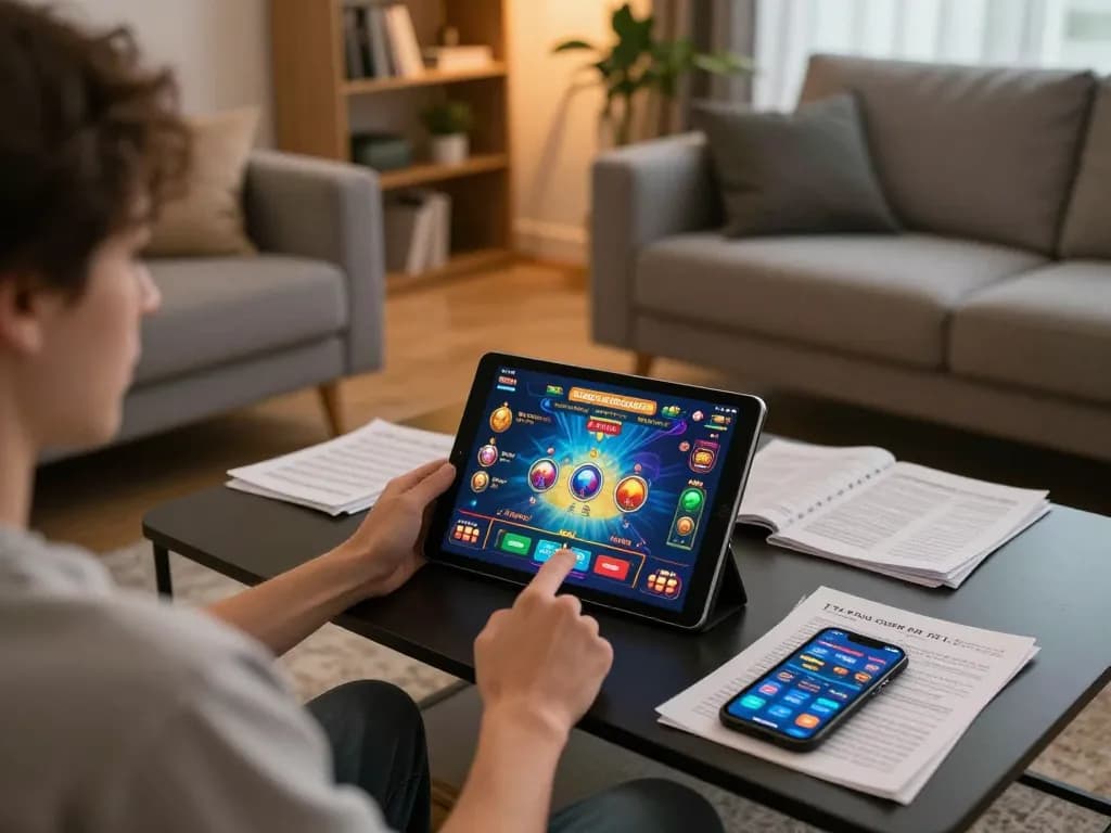 An individual analyzing angka keluaran sgp on a tablet during a cozy online gambling session, surrounded by strategy notes and a smartphone.