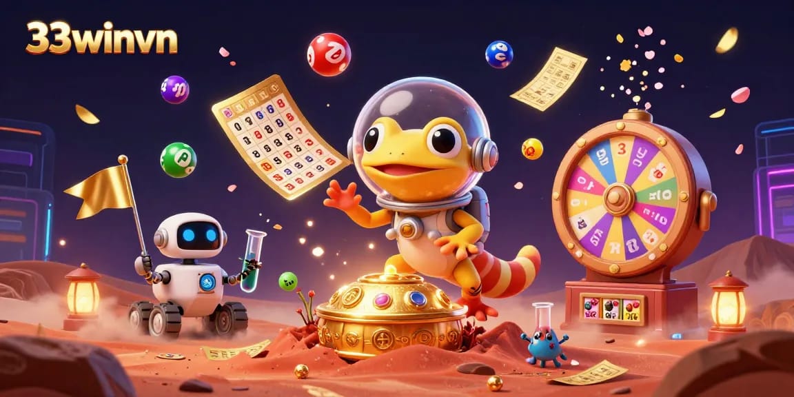Experience the exciting adventures of 33winvn featuring a cartoon gecko exploring a golden casino.
