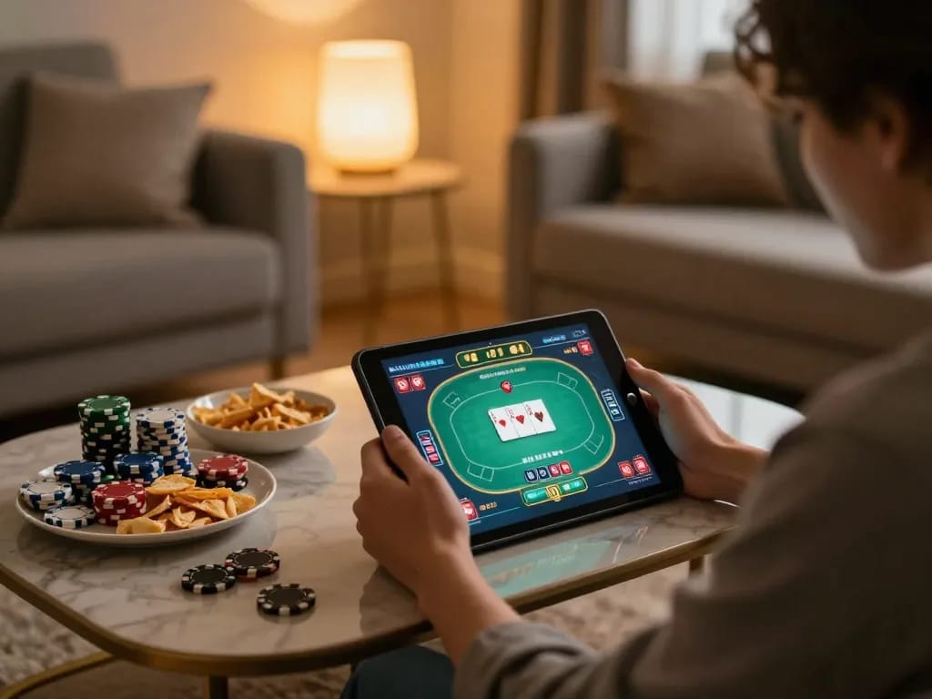 88xx player engaging in strategic online poker from a cozy home setup, enjoying snacks and drinks.