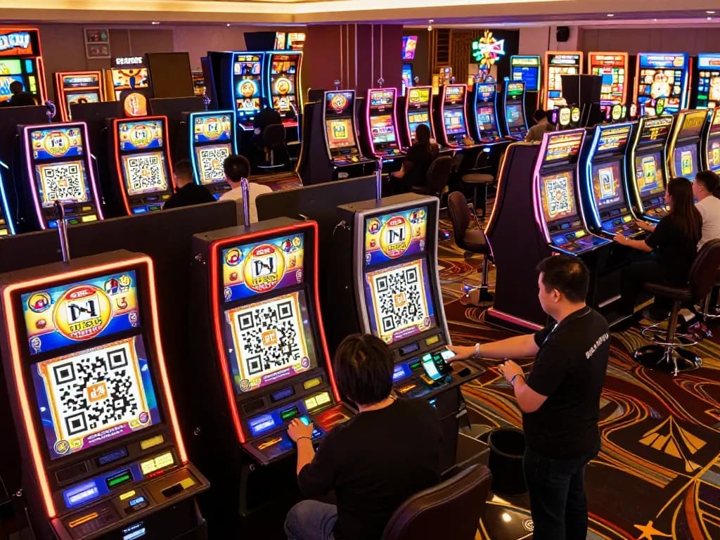Players enjoying slot qris machines under bright neon lights in a lively casino atmosphere.
