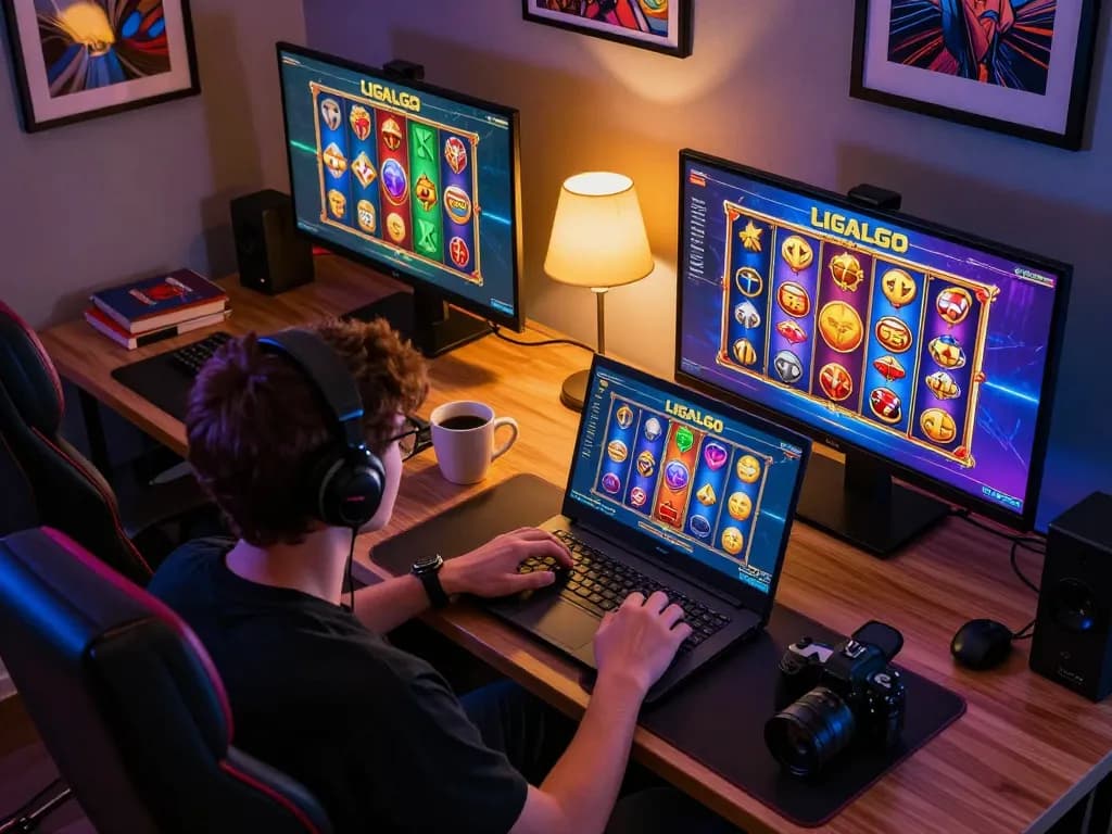 LIGALGO player engaged in online slot gaming, showcasing excitement and strategy from a modern gaming setup.