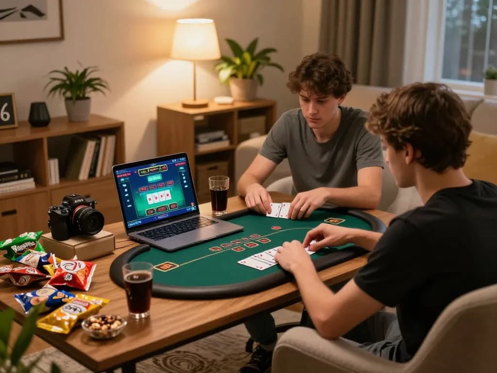 Engaged user experiencing online gambling at trang chủ o8, showcasing dynamic poker gameplay with laptop and drinks