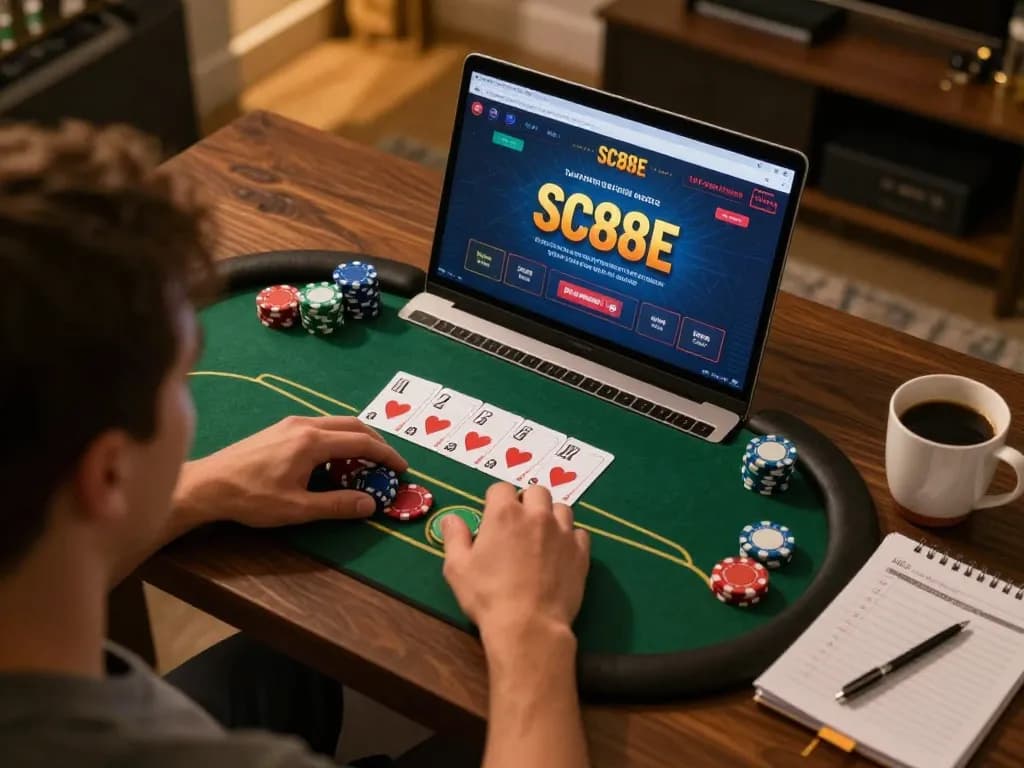 Player engages in strategic online gambling on SC88E, focusing on poker gameplay with laptop interface.