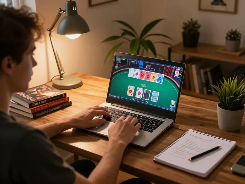 Using mpoid strategies on laptop for online poker gaming with vibrant interface and notes.