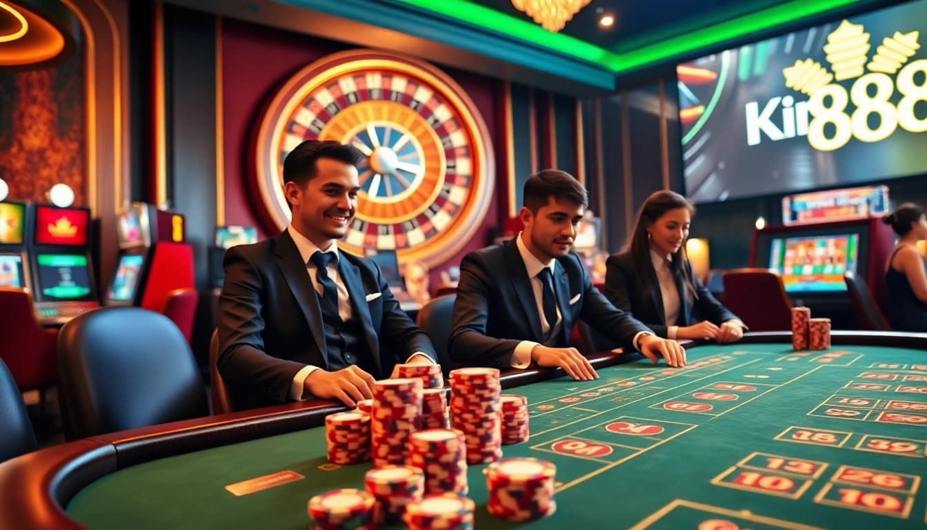 King88 slot machines and poker chips create an exciting online casino atmosphere.