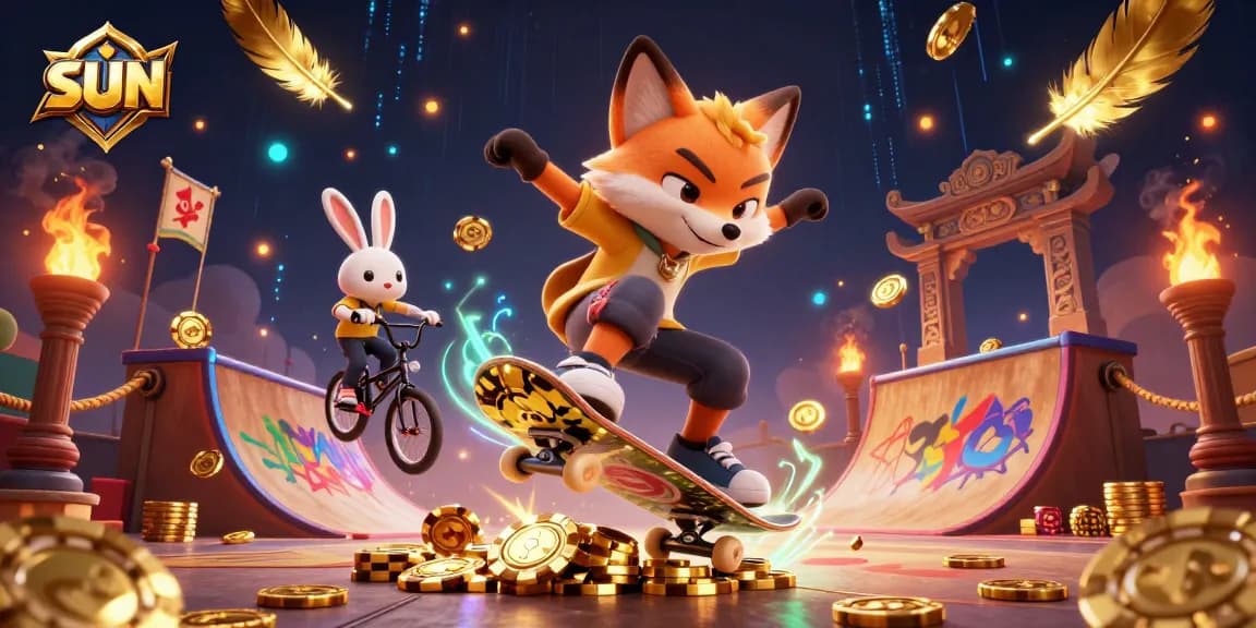 Skateboarding fox showcasing thrilling tricks in a vibrant casino-themed 3D scene featuring casino symbols.