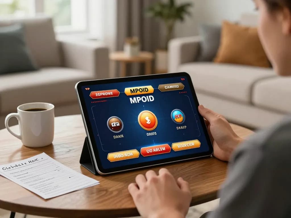 MPOID user playing dynamic interactive online game on a tablet in a cozy living room.