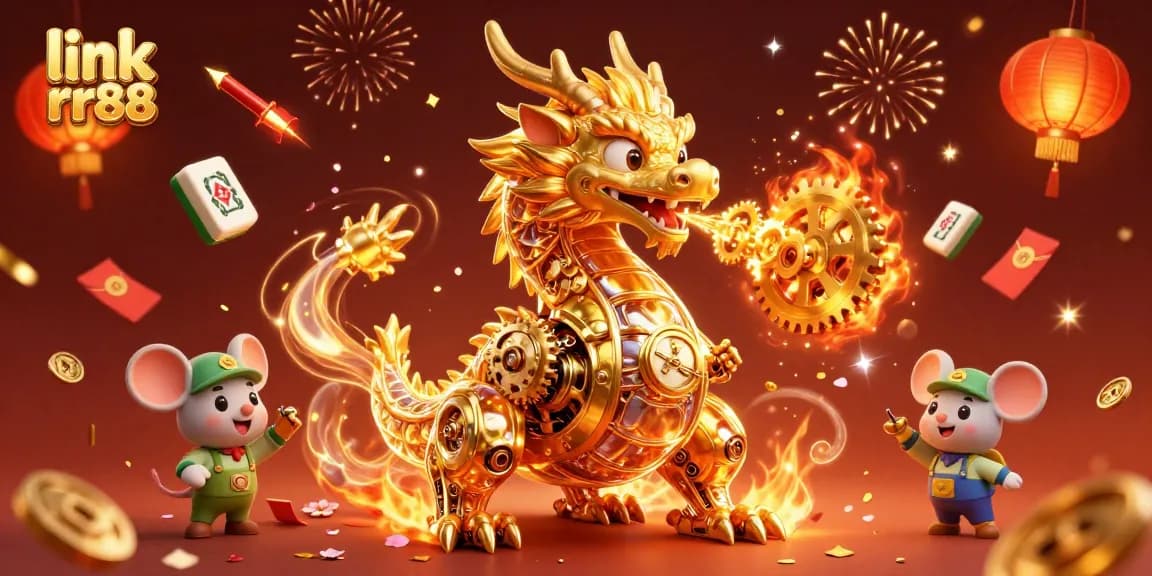 Experience dynamic gaming action at link rr88 with a golden dragon, Mahjong tiles, and thrilling celebrations.