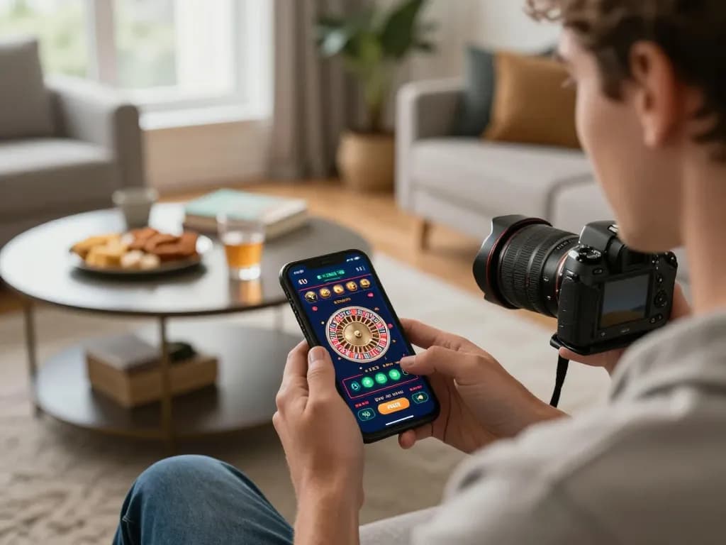 cm88 player engrossed in mobile casino gaming with vibrant interface in a cozy home setting