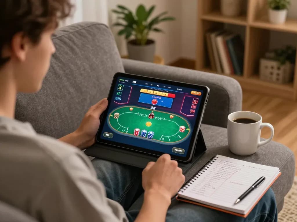 Player strategizing their bets on a tablet for PERI11 online gambling.