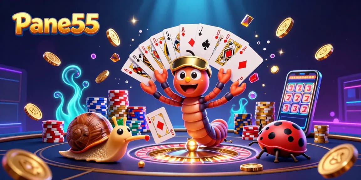 Experience the thrill of Panen55 with a vibrant casino scene featuring a millipede dealer and a high-roller.